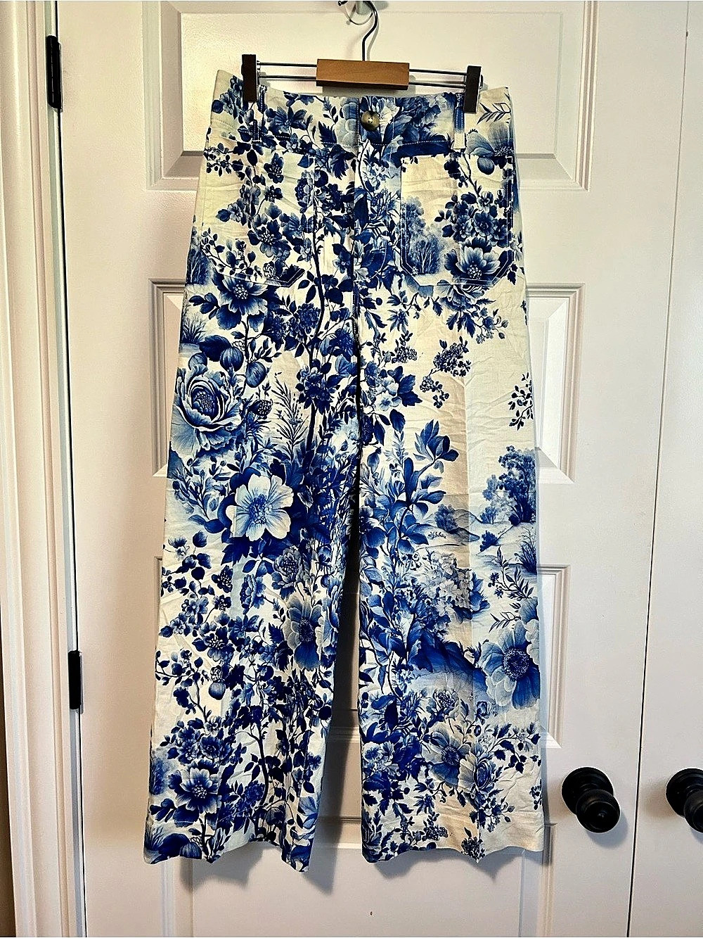 Maeve Colette Linen Crop Wide Leg Pants Blue & White Floral Size 27 Like New